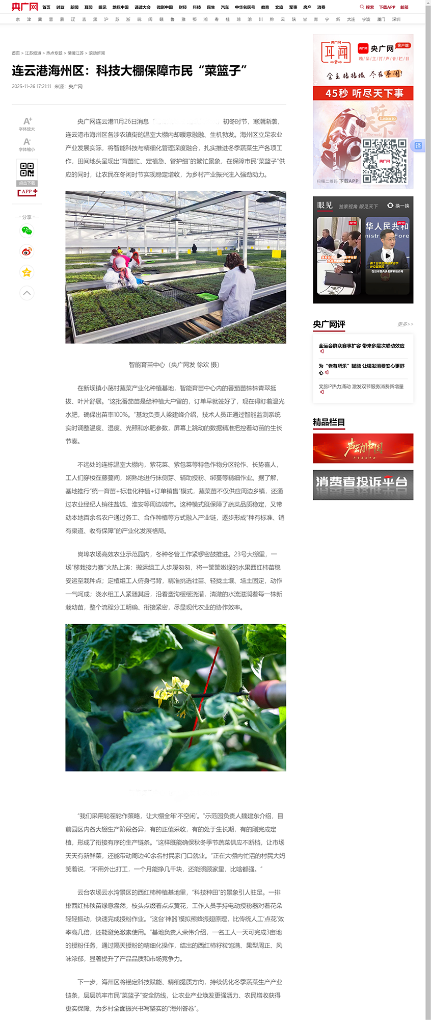 11.26吴成瑶-央广网 连云港海州区：科技大棚保障市民“菜篮子”.png