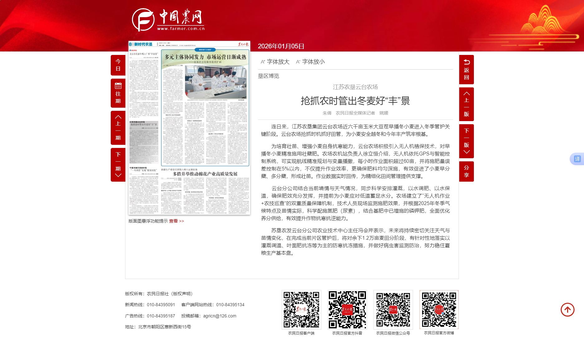 1.5朱倩-农民日报 江苏农垦云台农场抢抓农时管出冬麦好“丰”景.png